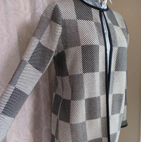 Chico's Sweaters - Chico's Black Grey Graphic Check Long Cardigan Sweater Coat Size Small
